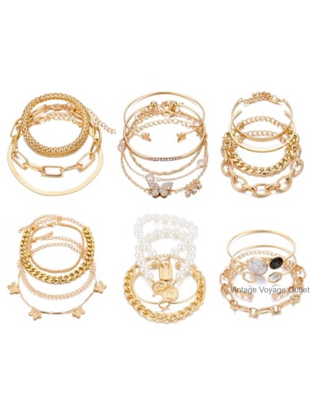 14K Gold Plated Boho Chain Bracelets Set Adjustable Cuff Bangles Women Jewelry